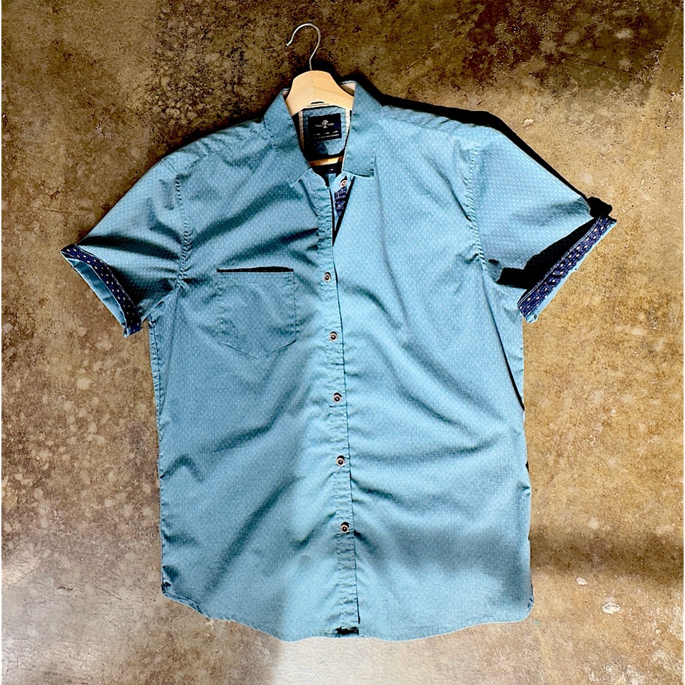 Craft + Flow electric blue and yellow geo-print, half-sleeved, button down shirt